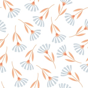 Minimalist Chrysanthemum - Peach and Light Slate Blue - White BG Florals Botanicals Nature Elegant Sophisticated