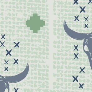 LARGE Cow Skull in Blue and pale green on off White texture weave