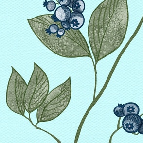 Blueberries and Leaves on the Vine Scrolled on Aqua Blue Linen-Large Scale