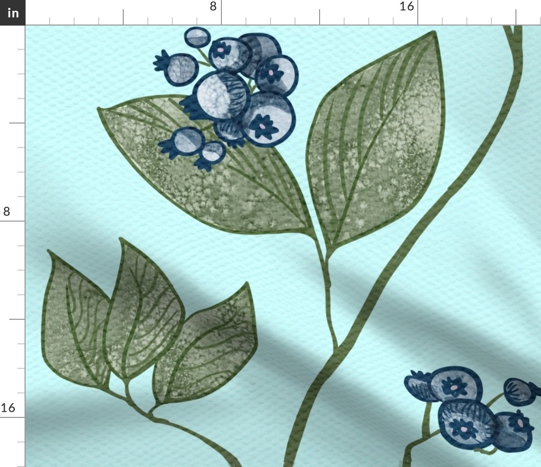 Blueberries and Leaves on the Vine Scrolled on Aqua Blue Linen-Large Scale