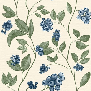 Blueberries and Leaves on the Vine Scrolled on Cream Linen-Medium Scale