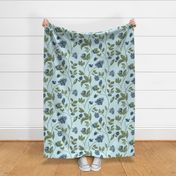 Blueberries and Leaves on the Vine Scrolled on Aqua Blue Linen-Medium Scale