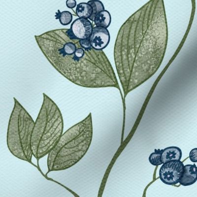 Blueberries and Leaves on the Vine Scrolled on Aqua Blue Linen-Medium Scale