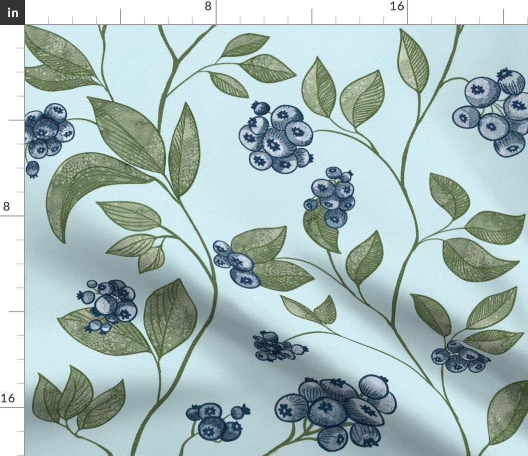 Blueberries and Leaves on the Vine Scrolled on Aqua Blue Linen-Medium Scale