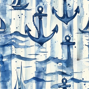 Nautical Sea Themed Blue and White Design Anchor Sailboat Pattern