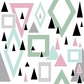 geometric retro pattern with rhombuses and triangles in gray, pink, green colors