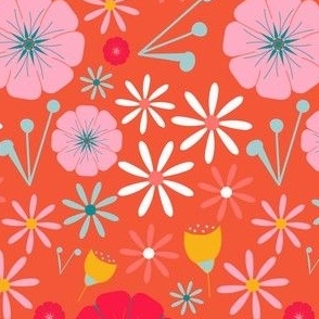 Retro Floral Fun - Bright Joyful Orange - Ditsy.