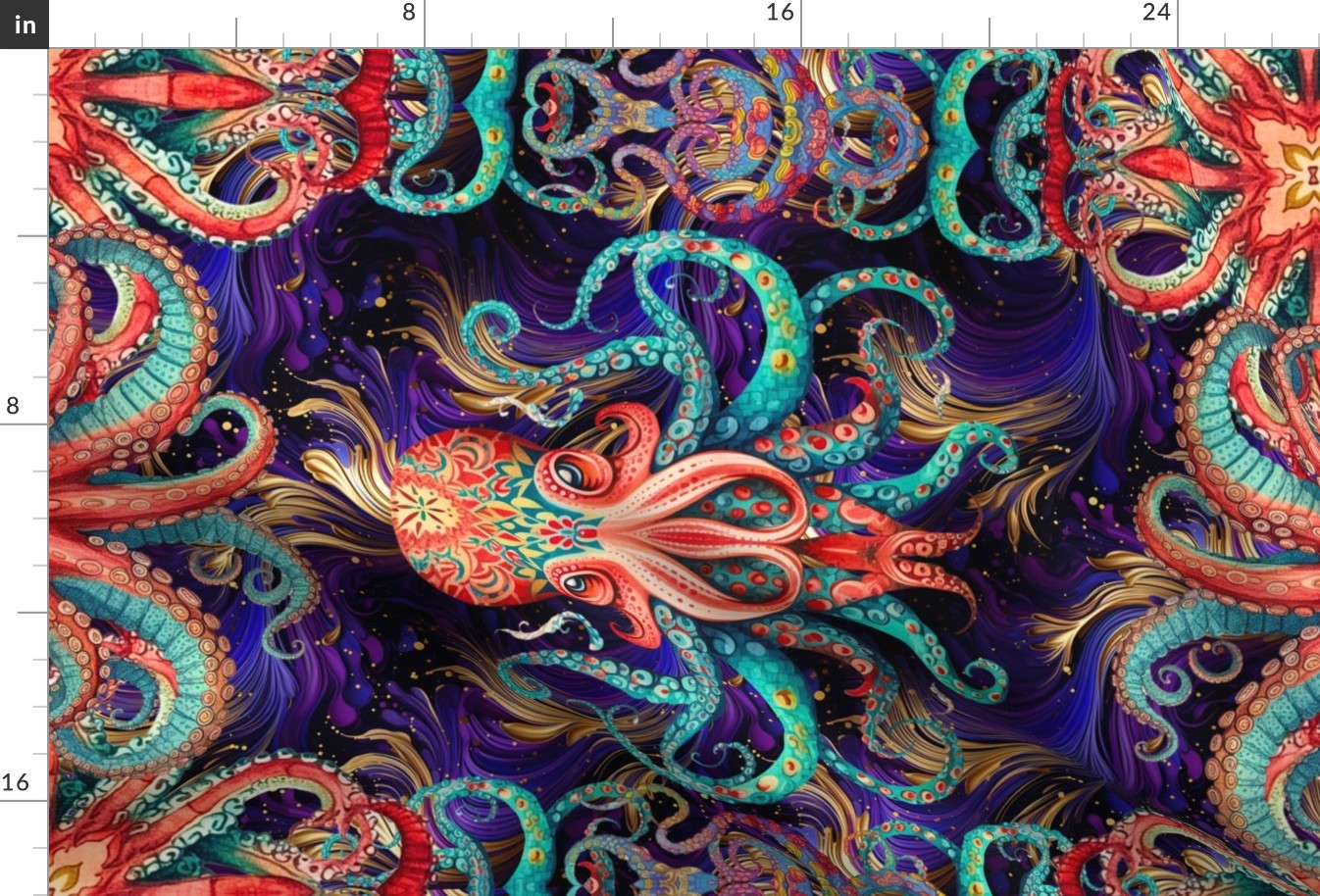 FAT QUARTER PANEL OCTOPUS TENTACLE 5 PSYCHEDELIC PURPLE GOLD FLWRHT