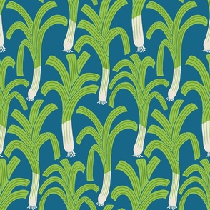 (M) Hand drawn Leeks - happy green leek vegetable pattern on a blue background
