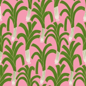 (M) Hand drawn Leeks - happy green leek vegetable pattern on a pink background