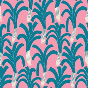(M) Hand drawn Leeks - happy blue leek vegetable pattern on a pink background