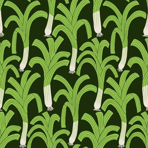 (M) Hand drawn Leeks - happy green leek vegetable pattern on a dark green background