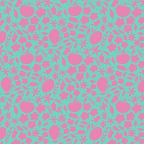 Cute autumn pumpkins and leaves (medium scale) - a playful autumnal aesthetic print in pink on teal