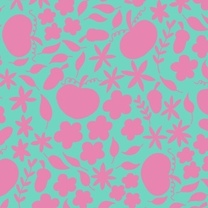 Cute autumn pumpkins and leaves (jumbo scale) - a playful autumnal aesthetic print in pink on teal