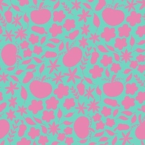 Cute autumn pumpkins and leaves (small scale) - a playful autumnal aesthetic print in pink on teal