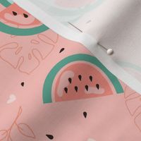 Pastel watermelons on a soft red background - medium scale