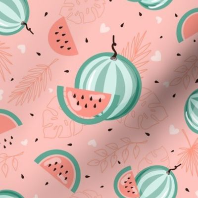 Pastel watermelons on a soft red background - medium scale