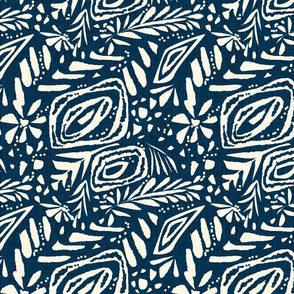 Textured abstract floral pattern. Cream ornament on a dark blue background .