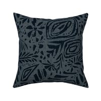 Textured abstract monochrome floral pattern. Black and blue ornament on a gray background with a herringbone fabric texture. 