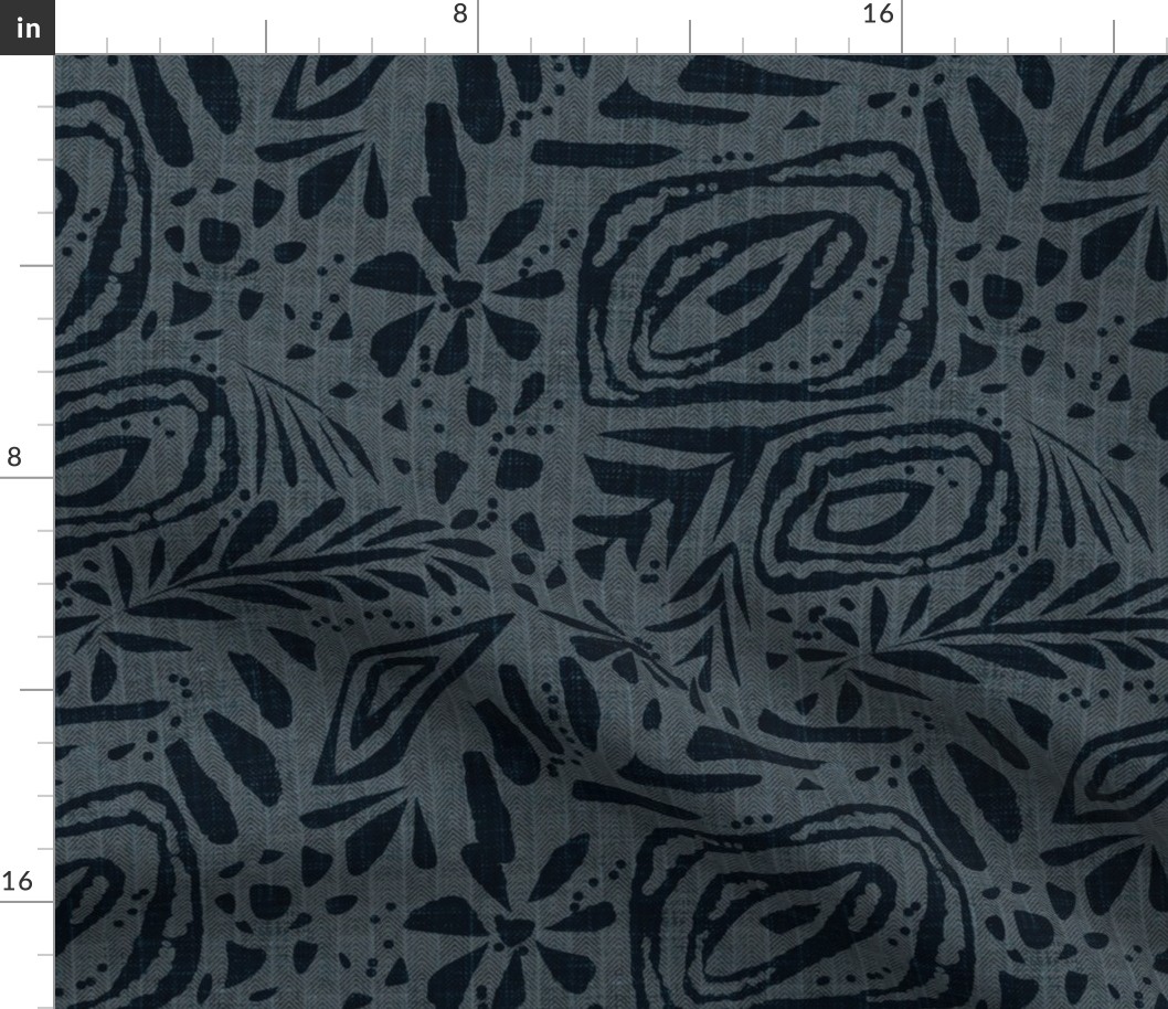 Textured abstract monochrome floral pattern. Black and blue ornament on a gray background with a herringbone fabric texture. 