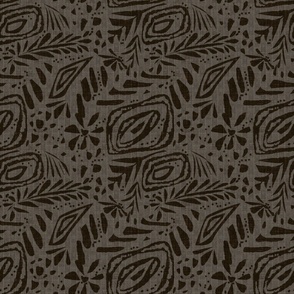 Textured abstract monochrome floral pattern. Brown ornament with herringbone fabric texture.