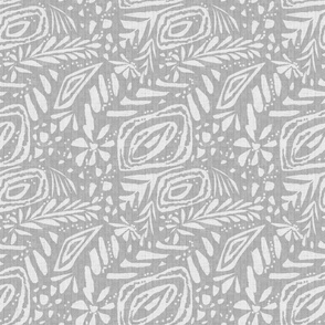 Textured abstract monochrome floral pattern. Gray ornament with herringbone fabric texture. 