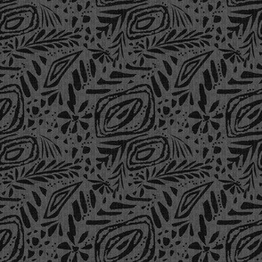 Textured abstract monochrome floral pattern. Black ornament on a gray background with a herringbone fabric texture. 