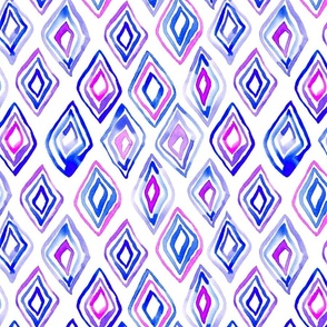 (L)Whimsical geometric diamond shaped pattern in blue and purple from Anines Atelier. Loose watercolor style