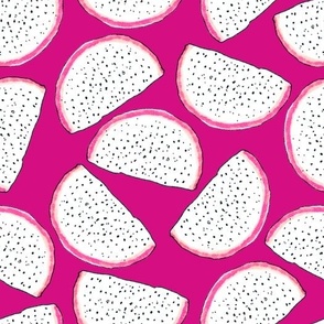 Dragonfruit slices on a dark pink background