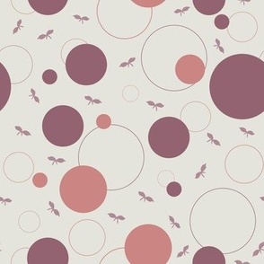 Polka dots, circles, and leaves in pinks and purples on beige background