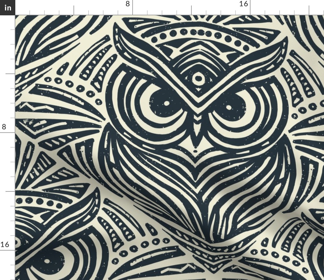 LARGE Tribal Owl Art: Symmetrical Geometric Patterns in Bold Cream & Dark Blue