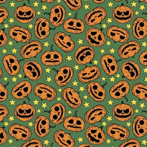 (Large) Retro Cartoon Style Halloween Pumpkins Green Background