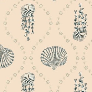 pastel olive green and blue hand-drawn seashells and seagrass in ogee design on beige background