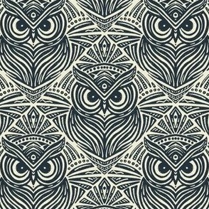 SMALL Tribal Owl Art: Symmetrical Geometric Patterns in Bold Cream & Dark Blue