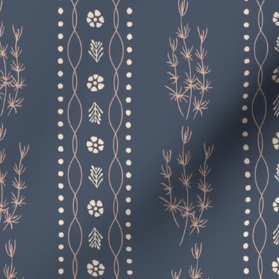 Vertical vines of sea grass and waves in grandmillennial design on dark smokey blue background