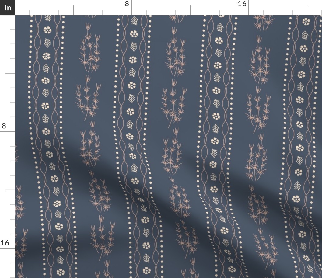 Vertical vines of sea grass and waves in grandmillennial design on dark smokey blue background