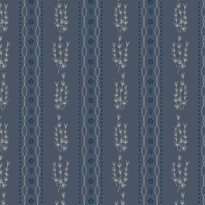 Vertical vines of sea grass and waves in grandmillennial design on dark smokey blue background