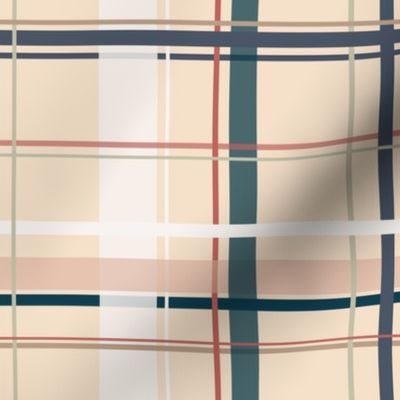 Checkered design in brown, beige, dark blue, redwood red, white