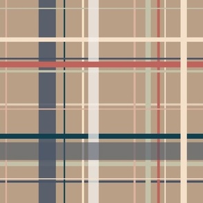 Checkered design in brown, beige, dark blue, redwood red, white