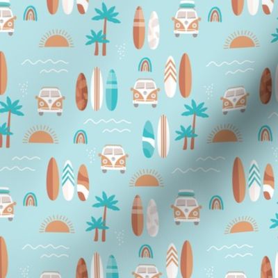 Little campervan and surf boards summer surf trip boho vacation palm trees sunshine and waves sea foam blue caramel SMALL