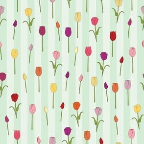 Tulips featured on green and mint candy coloured striped background vector repeat pattern