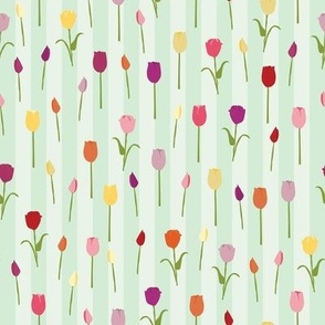 Tulips featured on green and mint candy coloured striped background vector repeat pattern - no outline