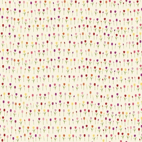 Colourful Spring tulips scattered on a light yellow background vector repeat pattern