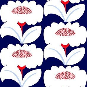 It’s Gonna Be Great Day! Fun Cheerful Daisy Flowers In White And Bright Red With Sky Baby Blue On Navy Sunshine Retro Modern Wallpaper Style Red, White And Blue Sunny Scandi 4th Of July Summer Floral Sun Pattern