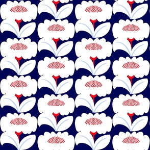 It’s Gonna Be Great Day! Fun Cheerful Mini Daisy Flowers In White And Bright Red With Sky Baby Blue On Navy Sunshine Retro Modern Wallpaper Style Red, White And Blue Sunny Scandi 4th Of July Summer Floral Sun Pattern