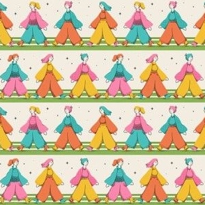 Tiny scale / Retro rainbow girls Pattern Parade / micro mini small women’s march feminist 70s whimsical groovy bold colorful vintage fashion apparel / nostalgic 60s disco revival bright yellow orange blue green and pink hair boots