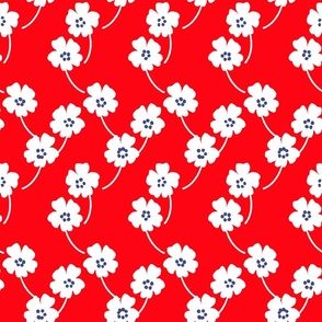 Cosmos Showers Mini White Flowers On Bright Red With Navy Blue Cute Mountain Blooms Retro Mid-Century Modern Cottagecore Grandmillennial Floral Scandi Garden Minimalist Wildflower Ditzy Red, White And Blue Independence Day 4th Of July Silhouette Vintage R