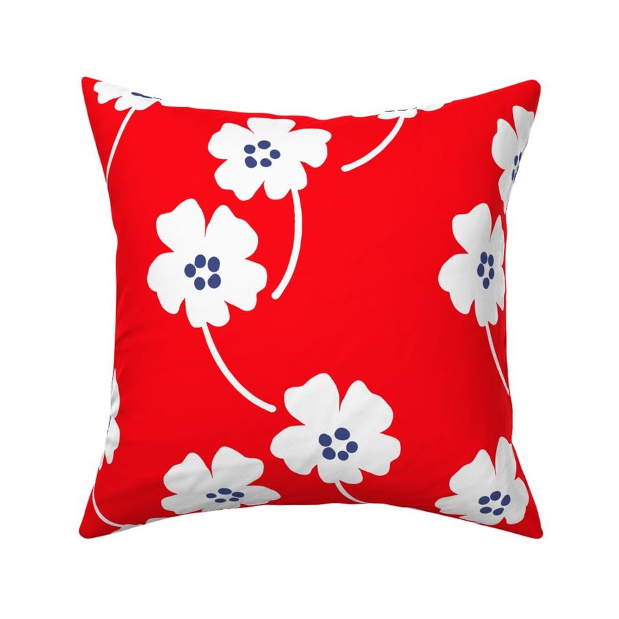 Cosmos Showers White Flowers On Bright Red With Navy Blue Cute Mountain Blooms Retro Mid-Century Modern Cottagecore Grandmillennial Floral Scandi Garden Minimalist Wildflower Ditzy Red, White And Blue Independence Day 4th Of July Silhouette Vintage Repeat