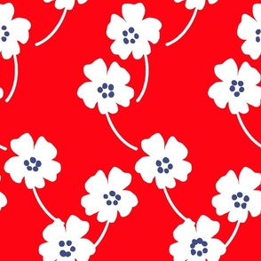 Cosmos Showers White Flowers On Bright Red With Navy Blue Cute Mountain Blooms Retro Mid-Century Modern Cottagecore Grandmillennial Floral Scandi Garden Minimalist Wildflower Ditzy Red, White And Blue Independence Day 4th Of July Silhouette Vintage Repeat