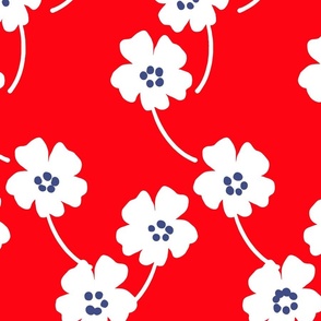 Cosmos Showers Big White Flowers On Bright Red With Navy Blue Cute Mountain Blooms Retro Mid-Century Modern Cottagecore Grandmillennial Floral Scandi Garden Minimalist Wildflower Ditzy Red, White And Blue Independence Day 4th Of July Silhouette Vintage Re